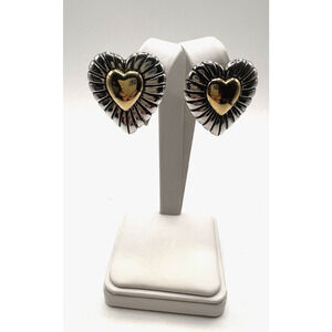 Vintage HEART Earrings Clip On Erwin Pearl Two Tone Brass & Silver Plated